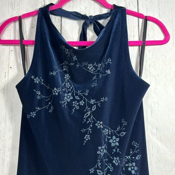 90s Navy Blue Velvet Floral Maxi Dress Y2K Glam Eveningwear Soft Goth - Picture 2 of 15